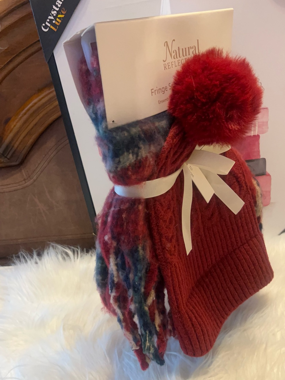 Natural Reflections Red Pom Pom Cuff Hat & Multicolored Fringe Scarf Set - Picture 4 of 9